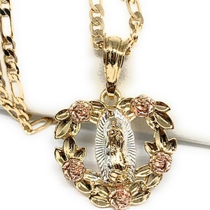 Oro plateado Virgen María flor colgante collar Virgen de Guadalupe Medalla colgante collar con Fígaro Cadena Oro Laminado