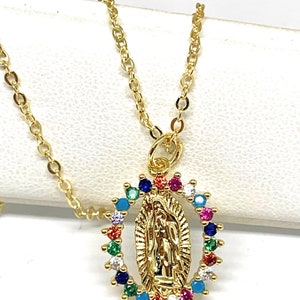 Gold Plated Virgin Mary Colorful Rhinestone CZ Pendant Necklace 20” Virgen Guadalupe Medalla Pendant Neck Oro Laminado