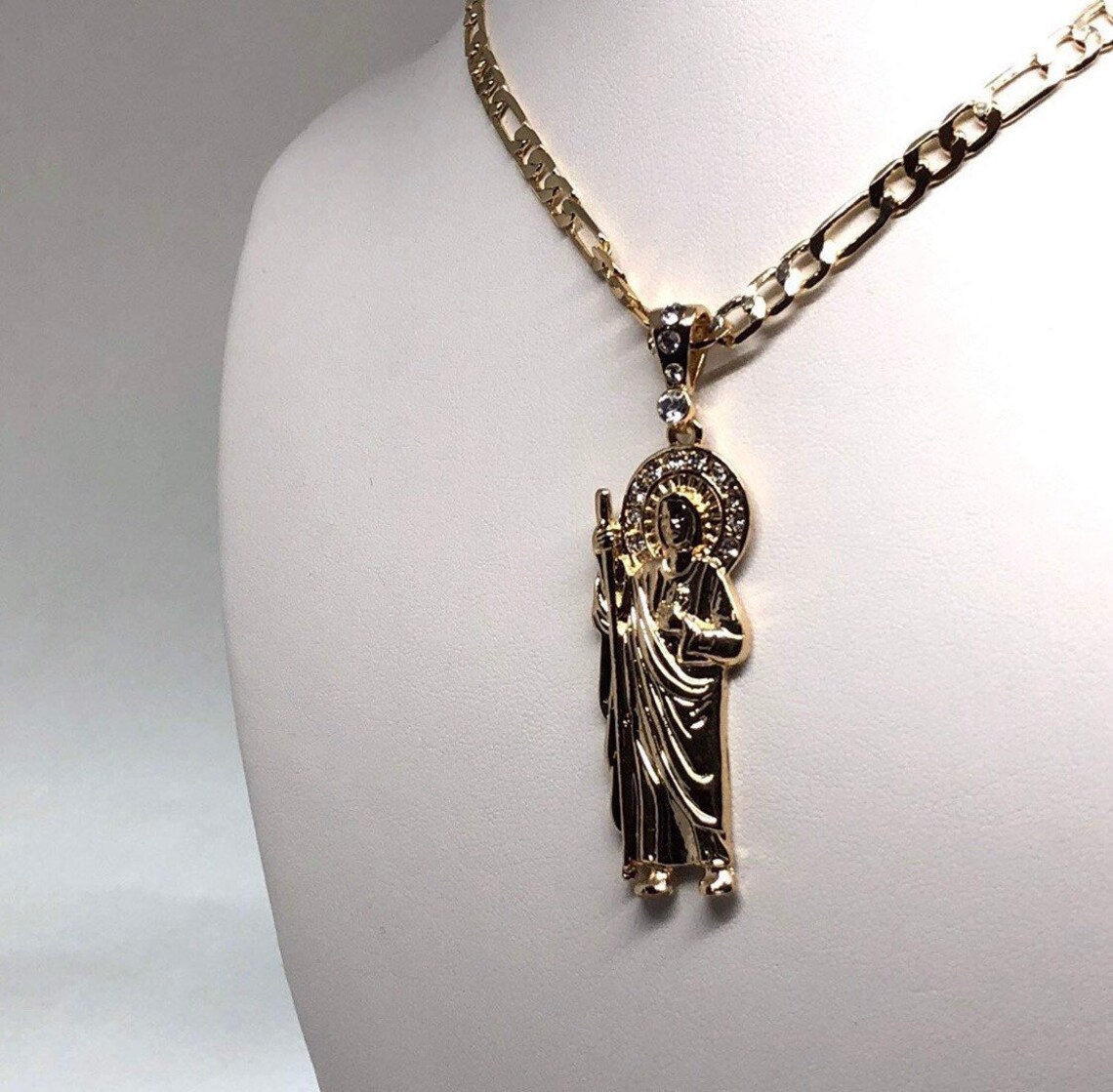 Gold Plated Saint Jude Pendant Necklace Figaro Chain San Judas Tadeo ...