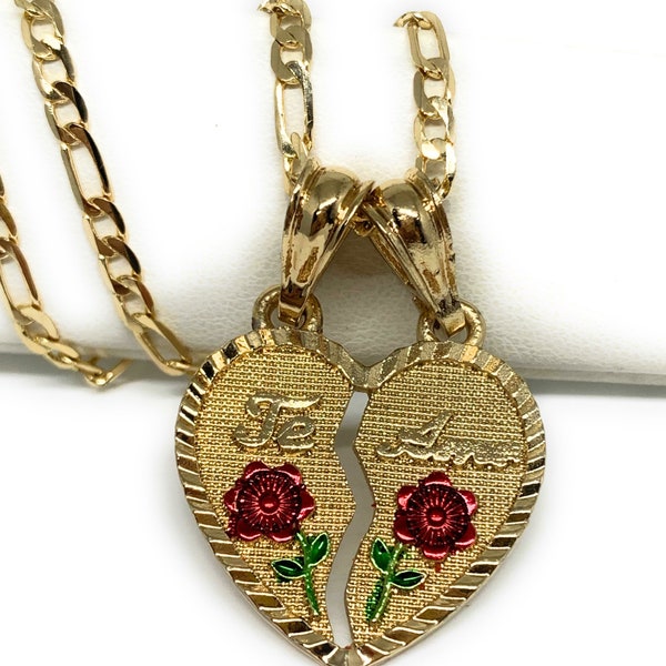 Gold Plated Tri-Color "Te Amo" Flower Heart Split Pendant Necklace 24"