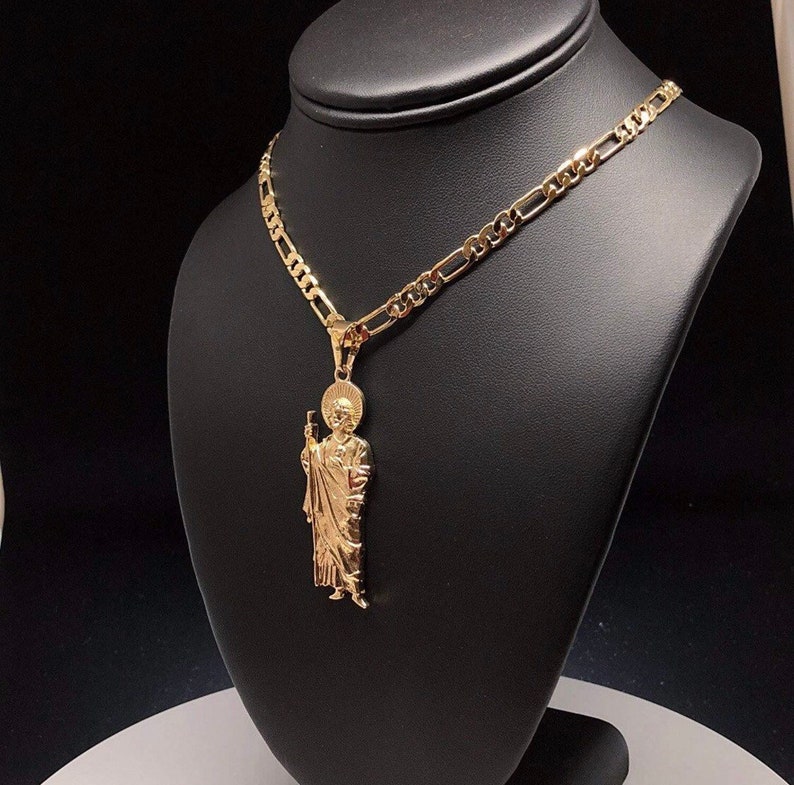 Gold Plated Saint Jude Pendant Necklace Figaro Chain San Judas Tadeo ...