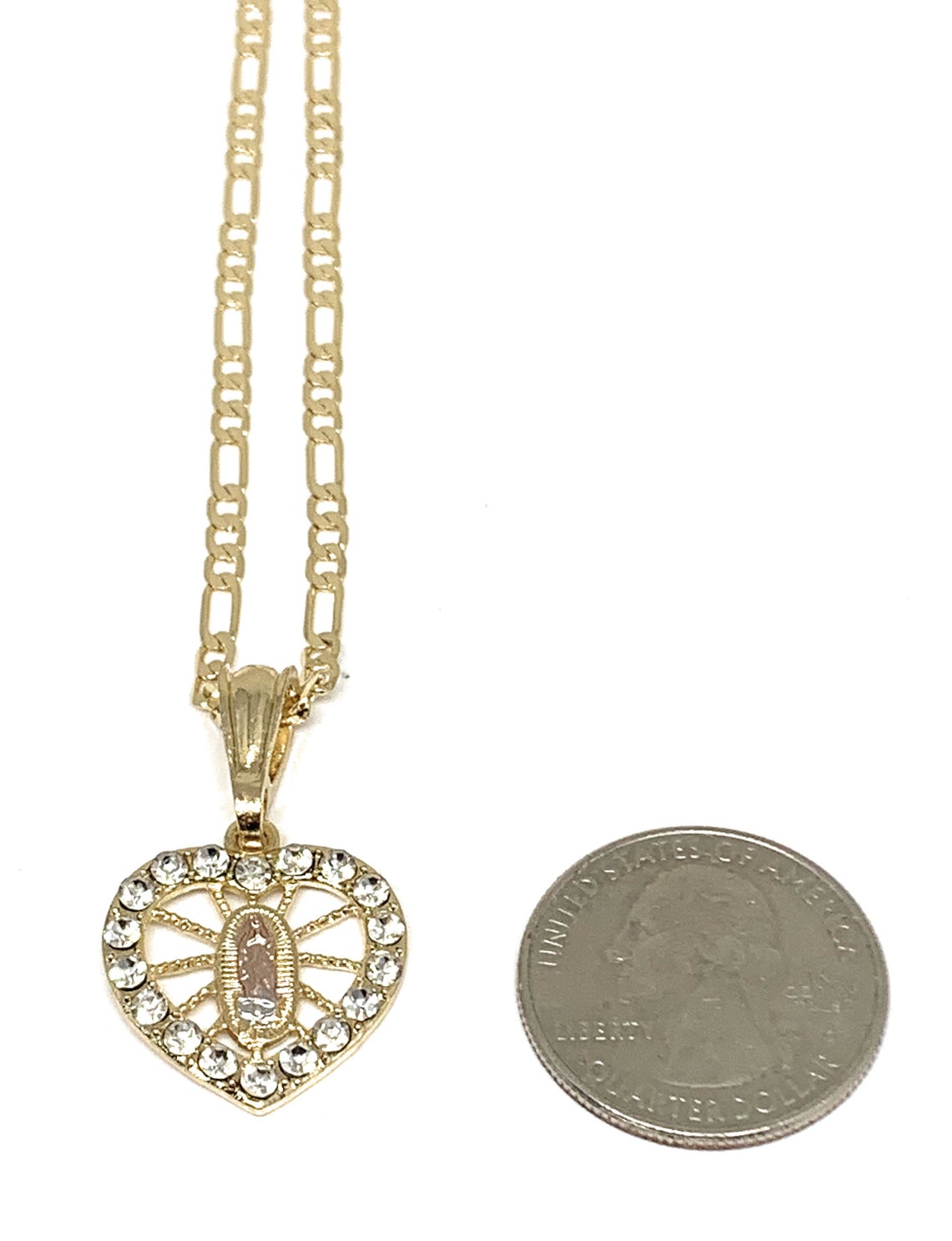 Gold Plated Virgin Mary Heart CZ Pendant Necklace 24” Virgen Guadalupe ...