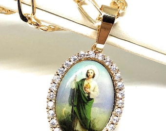 Gold Plated Saint Jude Pendant Necklace Figaro Chain San Judas Tadeo ...