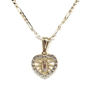 Gold Plated Virgin Mary Heart CZ Pendant Necklace 24” Virgen Guadalupe ...