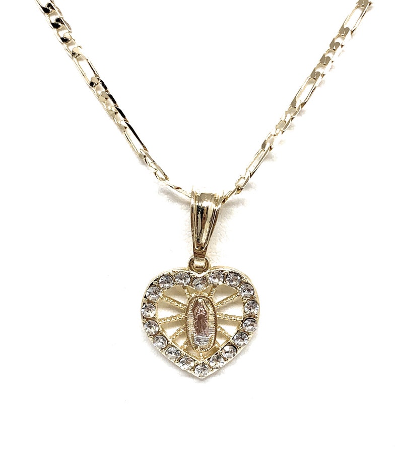 Gold Plated Virgin Mary Heart CZ Pendant Necklace 24” Virgen Guadalupe ...