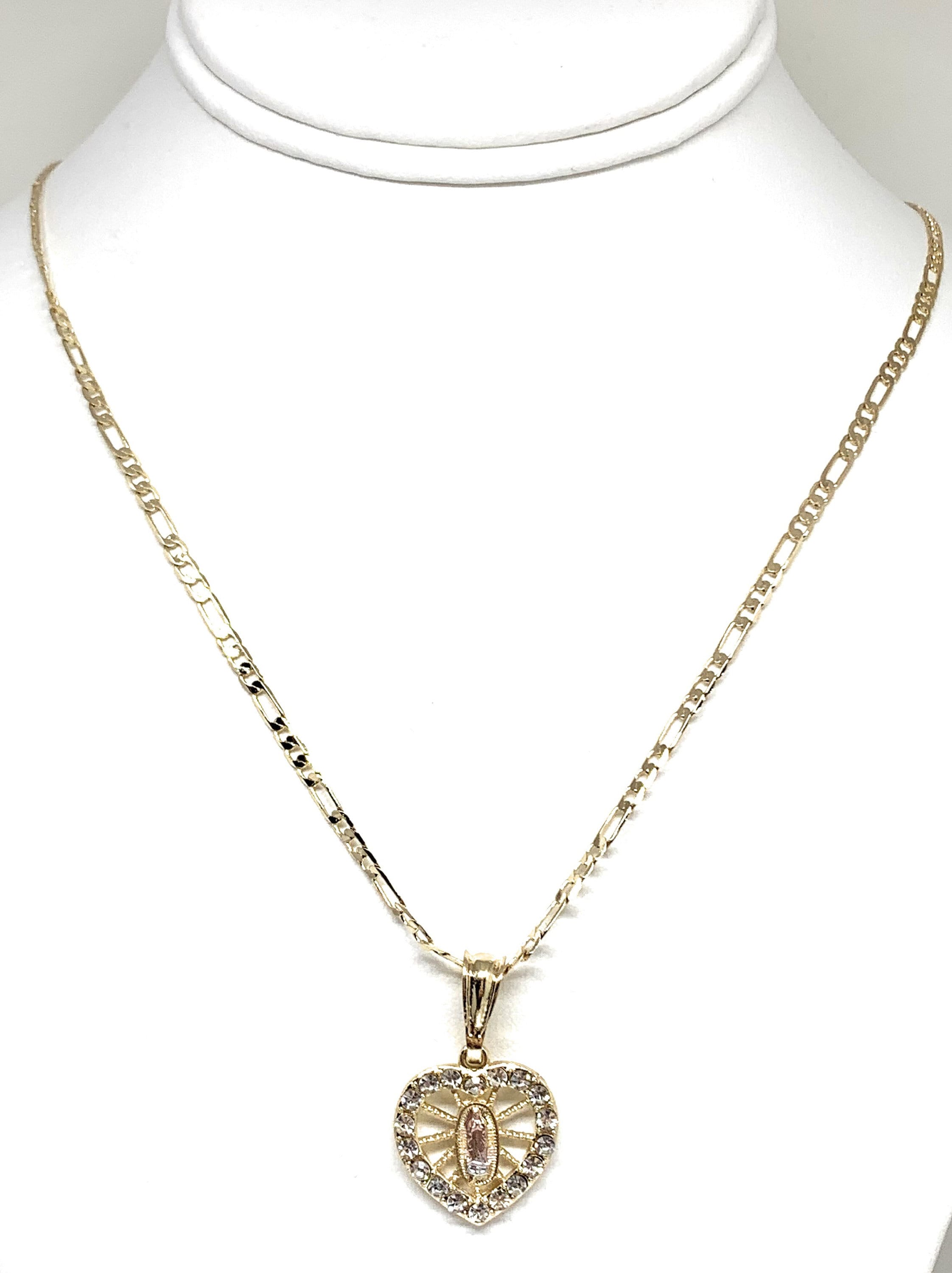 Gold Plated Virgin Mary Heart CZ Pendant Necklace 24” Virgen Guadalupe ...