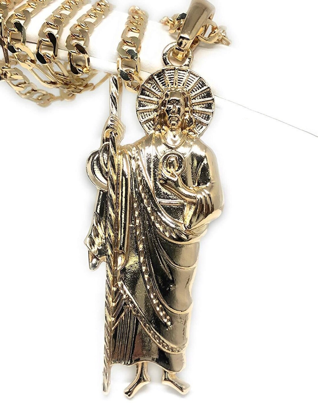 Gold Plated Big Saint Jude Pendant Necklace Figaro 26 San Judas Tadeo Medalla XL Cadena Oro Etsy