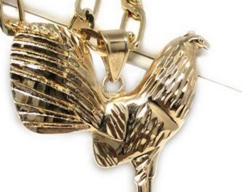 Gallo Medalla Gold Plated Chicken Rooster Pendant Necklace 26" Cadena Oro Laminado