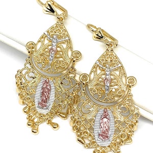 Gold Plated Tri Color Virgin Mary Chandalier Earrings Virgen Guadalupe Aretes Tres Colores