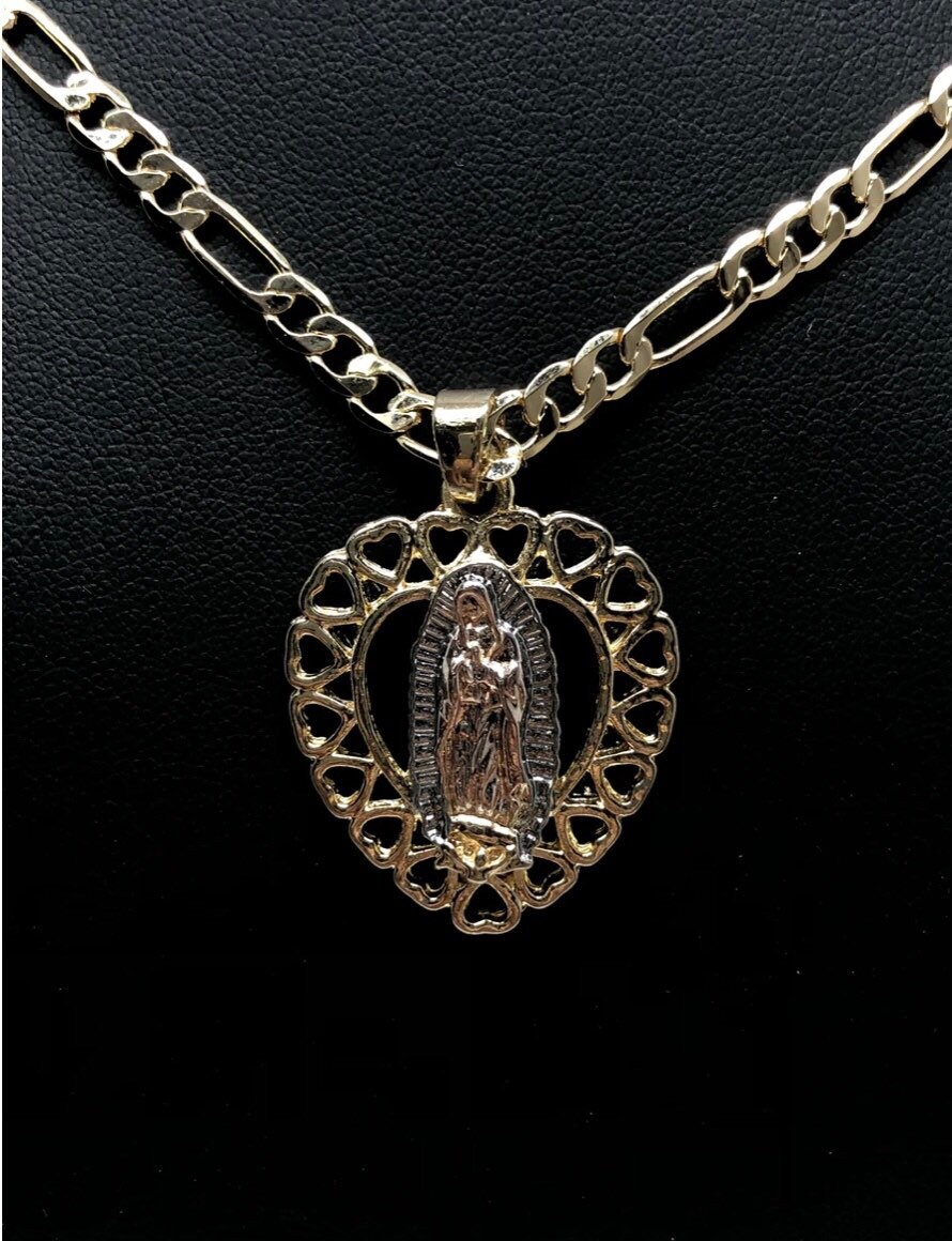 Gold Plated Tri-color Virgin Mary Heart Pendant Necklace Figaro 24 ...