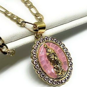 Gold Plated Virgin Mary Enamel Pink CZ Pendant Necklace Virgen Guadalupe Medalla Pendant Necklace Oro Laminado