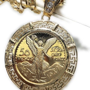 Gold Plated Coin Centenario Mexicano Moneda 50 Pesos Pendant Chain CZ Oro Cadena 26&quot;