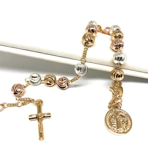 Gold Plated Tri-Color Saint Benedict Rosary Bracelet San Benito Pulsera Tres Colores 8”