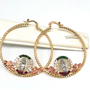 Gold Plated Tri-Color Virgin Mary Hoop Flower Earrings Aretes Arracada Tres Colores