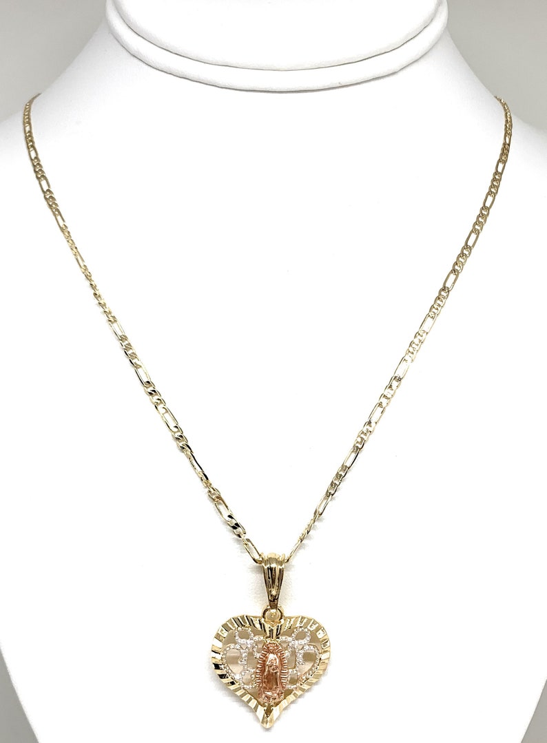 Gold Plated Tri-color Virgin Mary Filigran Heart Pendant Necklace ...