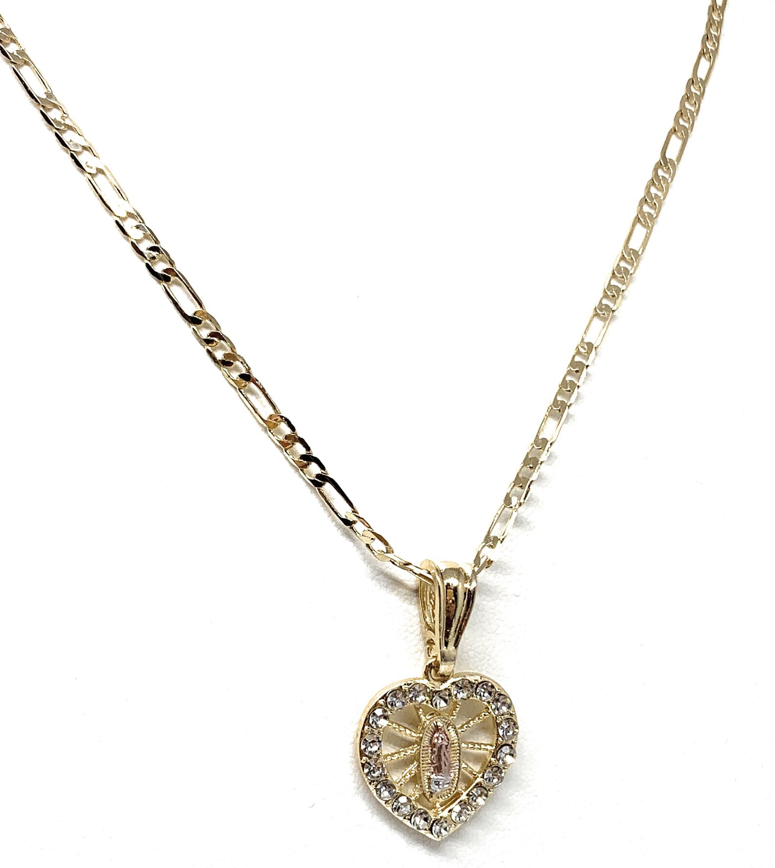 Gold Plated Virgin Mary Heart CZ Pendant Necklace 24” Virgen Guadalupe ...