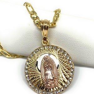 Gold Plated Virgin Mary Round CZ Pendant Necklace 24” Virgen De Guadalupe Medalla Pendant Necklace Figaro Chain Oro Laminado