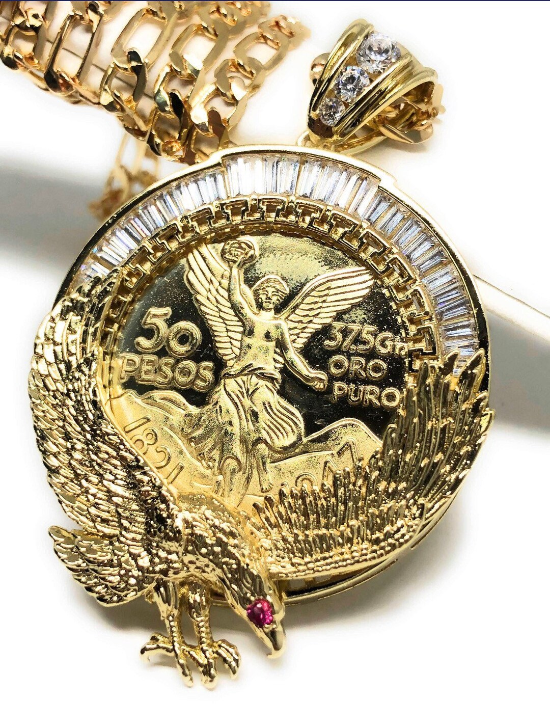 Gold Plated Coin Eagle Centenario Mexicano Moneda 50 Pesos Pendant Chain CZ Oro Cadena 26 Etsy