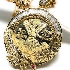 Gold Plated Coin Eagle Centenario Mexicano Moneda 50 Pesos Pendant Chain CZ Oro Cadena 26&quot;