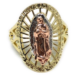 Tri-Color Gold Plated Virgin Mary Ring Virgen De Guadalupe Anillo Tres Colores