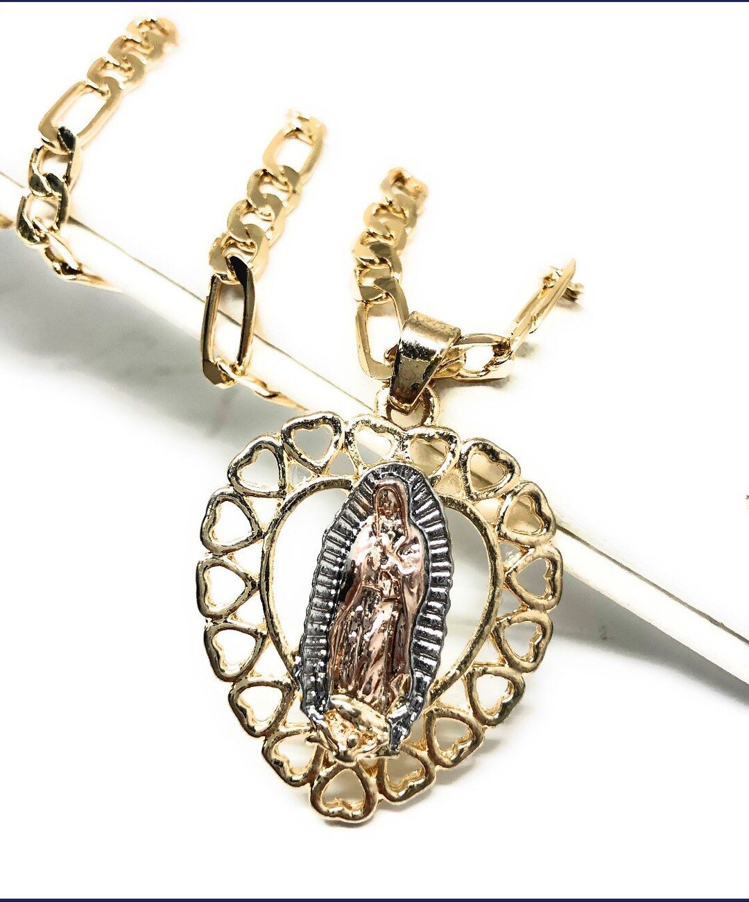 Gold Plated Tri-color Virgin Mary Heart Pendant Necklace Virgen De ...