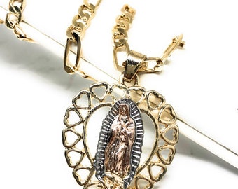 Gold Plated Tri-Color Virgin Mary Heart Pendant Necklace Virgen de Guadalupe Medalla Tres Colores Corazon