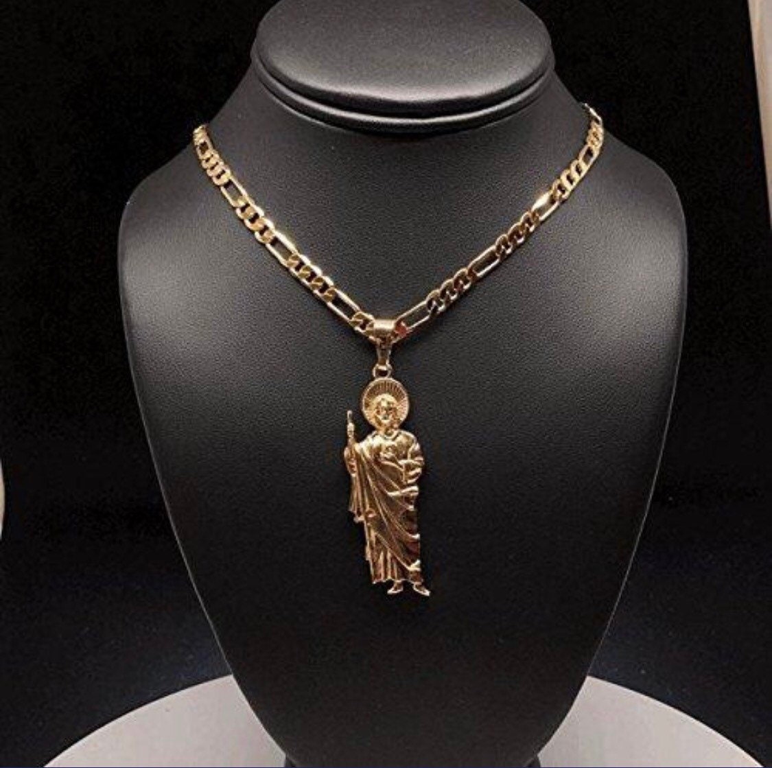 Gold Plated Saint Jude Pendant Necklace Figaro Chain San Judas Tadeo ...