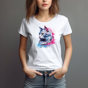 Cat Pink modern art design, pastel colors, blue Tshirt, women's tshirt.