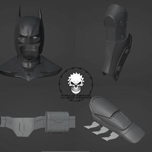 Op de afbeelding: Een 3D-geprint model van een Batman-kostuum, inclusief een kap, riem en onderarm-handschoenen. De handschoenen hebben een scherp, puntig ontwerp.