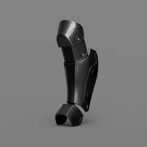 May include: A black carbon fiber leg brace with a segmented design and multiple adjustable straps.