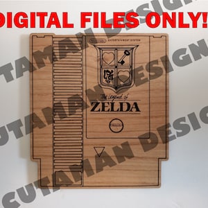 May include: A wooden Nintendo Entertainment System game cartridge case with a black and white image of the Legend of Zelda game cover art. The case is made of wood and has a light brown color.