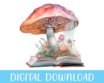 Aquarelle Champignons Livre Clipart, Livre de fleurs sauvages Chemise Livre Amateurs Cadeaux Champignons Livres Champignons colorés Lecteurs de livres Sublimation de champignons