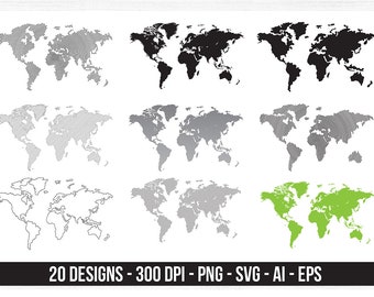 World Map Avg, Map svg, World Map Clipart, World Map Silhouette, World Map Vector Cut File, Fichier de téléchargement numérique instantané de la carte du monde