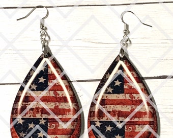 Custom Designed Handmade American Flag 3D Design 2 Inch Teardrop Earrings