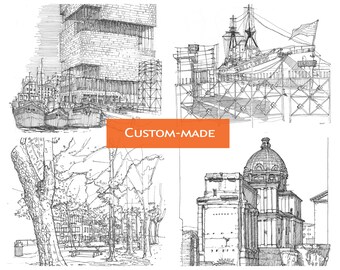 Architectural pen drawing commission  -  Architecture, Buildings, City, Vehicles, Interiors, Landscapes, Figures