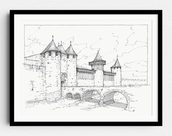 Cité de Carcassonne, France - Medieval Architecture pen drawing