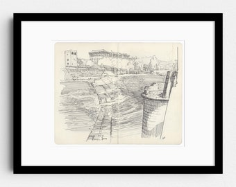 Arno River, Florence, Italy - River and Cityscape pen drawing