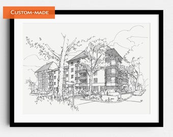 Custom Pen and Ink Drawing | Childhood Home Gift | House Portrait | Architectural Drawing | Commissioned Artwork | Storefront Drawing