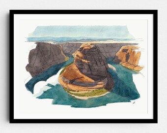 Horseshoe Bend, Arizona, USA - Landscape watercolor drawing