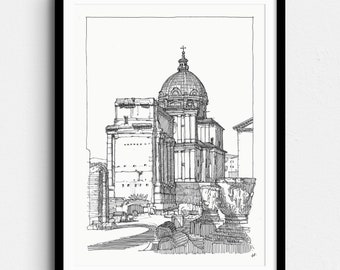 Sight at Forum Romanum, Rome, Italy - Classical architecture and Ruins drawing