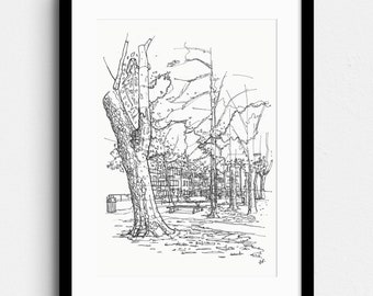 City park I, Hasselt, Belgium - Nature and City pen drawing