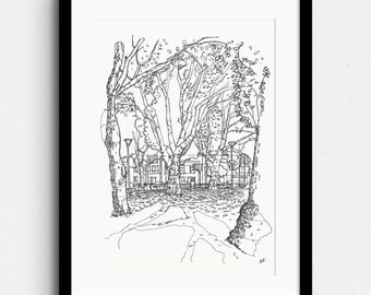 City park II, Hasselt, Belgium - nature and city pen drawing