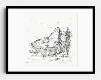 Yosemite Valley, California, USA - Nature landscape pen drawing