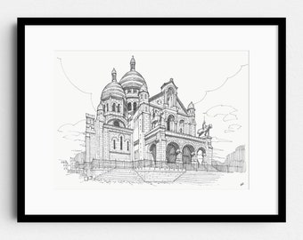 Sacre Coeur, Paris, France - Classic architecture pen drawing