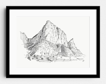 The Watchman, Zion, Utah - Nature landscape pen drawing