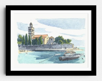 Sight at Hvar II, Croatia - Coastal watercolor drawing