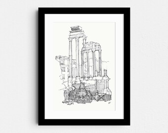 Aedes Vesta, Rome, Italy - Classical architecture and Ruins pen drawing