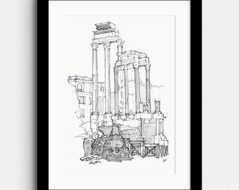 Aedes Vesta, Rome, Italy - Classical architecture and Ruins pen drawing