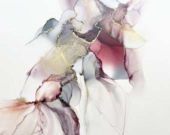 Smolder Alcohol Ink Painting: Red, Gray & Gold Abstract Art (12x12)