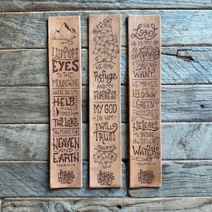 Set of 3 Engraved Leather Bookmarks Featuring Handlettered Bible Verses